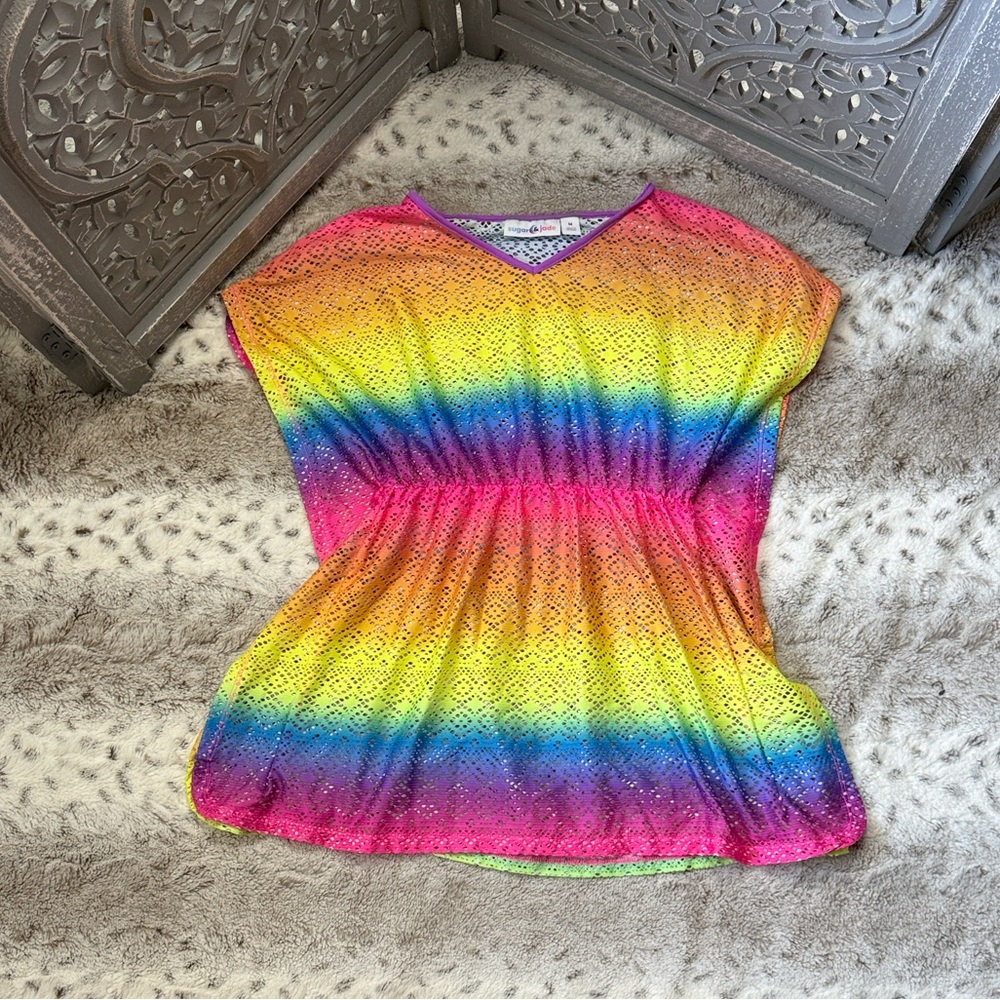 Sugar & Jade rainbow swim coverup girls medium tropical beach resortwear summer